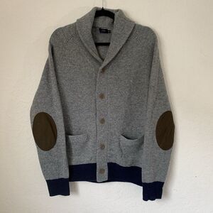 J Crew Cardigan Sweater Men M Gray Lambswool Shawl Collar Elbow Pad Grandpa Dad